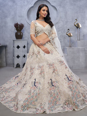 Rajwada White Soft Net Embellished Semi-Stitched Lehenga With Unstitched Blouse For Women