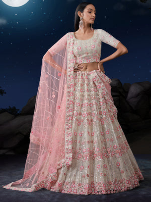 Rajwada Off White Embroidered Soft Net Semi Stitched Lehenga With Blouse For Women