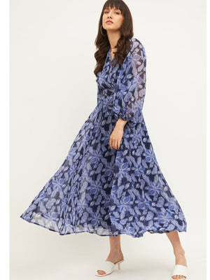Rajwada Blue Rayon Stitched Printed Indo Western Dress For Women