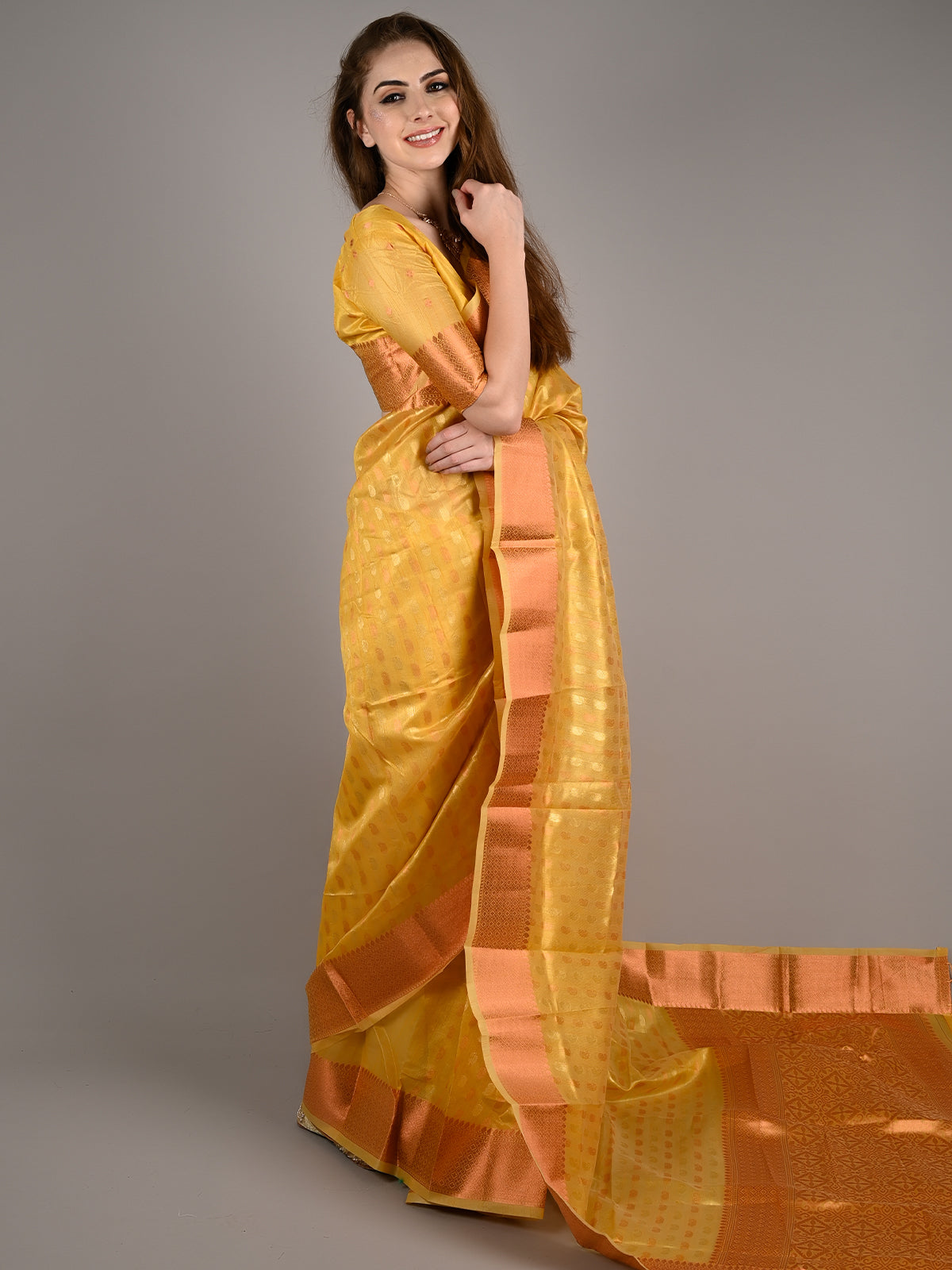 Yellow Tissue Woven Saree With Unstitched Blouse