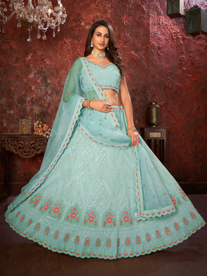 Rajwada Sky Blue Georgette Embellished Semi Stitched Lehenga With Unstitched Blouse for Women