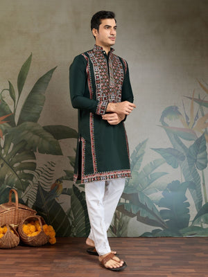 Rajwada Green Viscose Silk Embroidered Stitched Kurta For Men