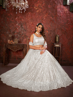 Rajwada White Net Embellished Semi Stitched Lehenga With Unstitched Blouse for Women