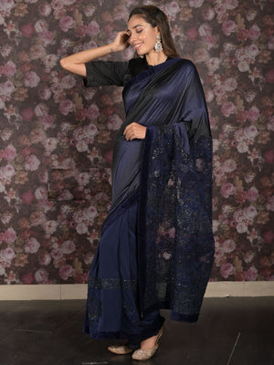 Rajwada Navy Blue Sequins Embroidered Lycra Saree with Unstitched Blouse for Women