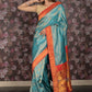 Rajwada Blue and Red Woven Banglori Silk Saree with Unstitched Blouse for Women
