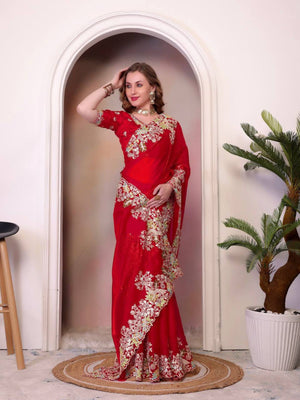 Rajwada Red Jimmy Choo Embellished Saree For Women