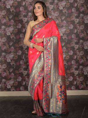 Rajwada Pink Patola Woven Saree With Unstitched Blouse For Women