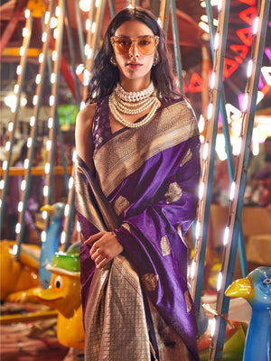 Rajwada Purple Silk Blend Woven Saree With Unstitched Blouse For Women