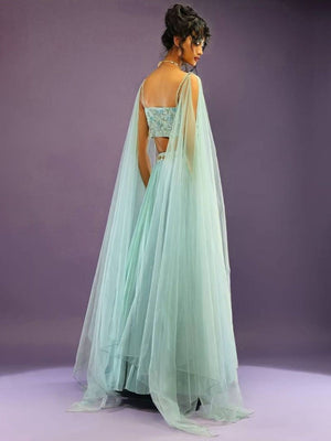Rajwada Sky Blue Georgette Solid Semi-Stitched Lehenga For Women