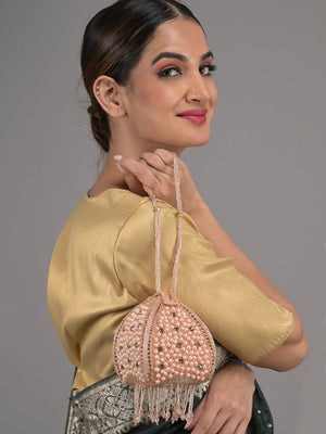 Rajwada Peach Pearl and Stone Embellished Clutch for Women