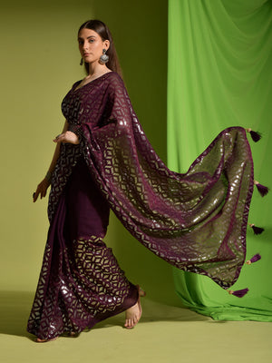 Rajwada Wine Embellished Georgette Saree With Unstitched Blouse For Women