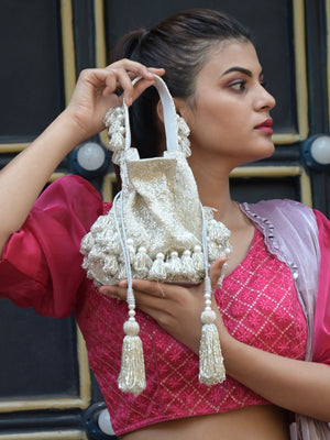 Rajwada Silver Embroidered Bridal Potli Bag For Women