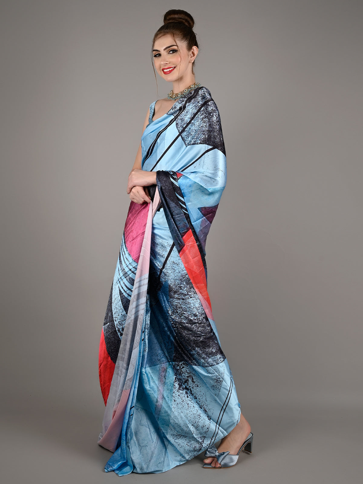 Blue Soft Crepe Digital Print Saree With Unstitched Blouse