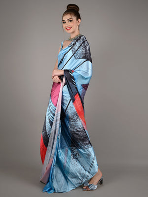 Blue Soft Crepe Digital Print Saree With Unstitched Blouse