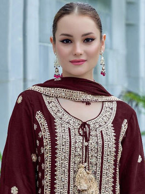Rajwada Maroon Chinon Embroidered Semi-Stitched Kurta Set For Women