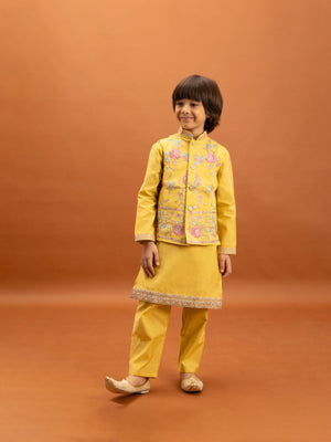 Rajwada Yellow Viscose Silk Embroidered Stitched Kurta Set For Kids