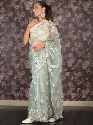Rajwada Sea Green Mirror Embroidered Organza Saree for Women