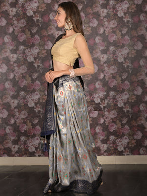Rajwada Grey Silk Blend Woven Saree With Unstitched Blouse For Women