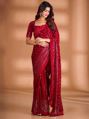 Rajwada Red Embellished Georgette Saree With Unstitched Blouse For Women