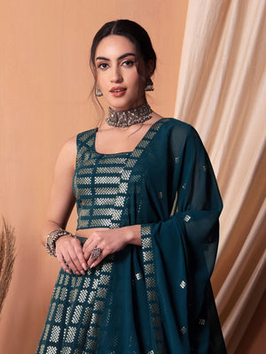 Rajwada Teal Georgette Embellished Semi-Stitched Lehenga For Women