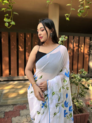 Rajwada White Georgette Printed Saree With Unstitched Blouse For Women