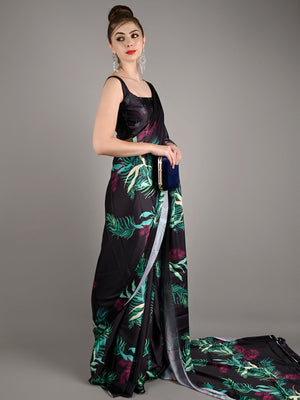 Black Soft Crepe Leaf Print Saree With Unstitched Blouse