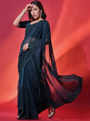 Rajwada Teal Embellished Georgette Saree With Unstitched Blouse For Women