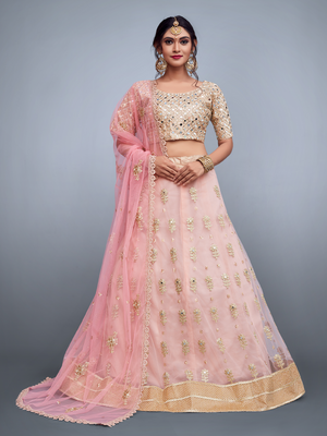 Rajwada Women Pink Embroidered Art Silk Semi Stitched Lehenga With Unstitched Blouse