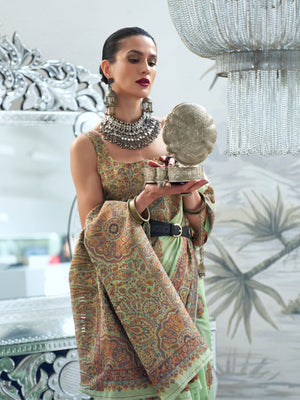 Rajwada Green Silk Blend Woven Saree With Unstitched Blouse For Women