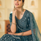 Rajwada Women Teal Embroidered Soft Net Semi Stitched Lehenga With Unstitched Blouse