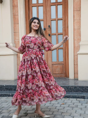 Rajwada Pink Chiffon Stitched Printed Indo Western Dress For Women