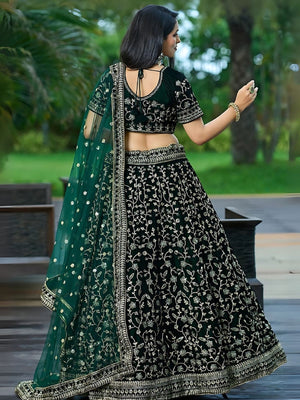Rajwada Green Velvet Embroidered Semi-Stitched Lehenga For Women