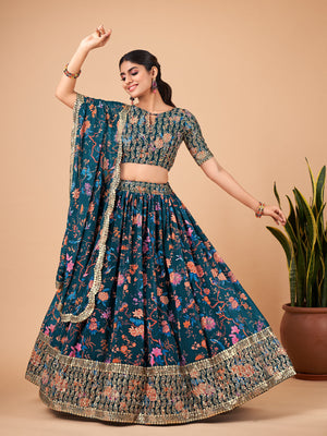 Rajwada Women Teal Printed And Embroidered Semi Stitched Lehenga With  Unstitched Blouse