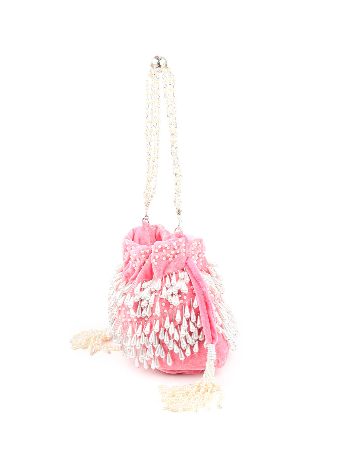 Rajwada - Pink Velvet Pearl Dangler Mini Bag