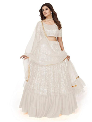 Rajwada Women Designer White Georgette Semi Stitched Lehenga With Unstitched Blouse