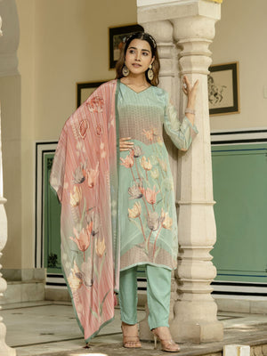 Rajwada Sky Blue Silk Blend Printed Stitched Kurta Set For Women