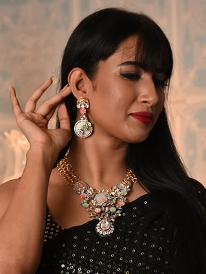 Rajwada White And Gold Stone Studded V-Shape Necklace Set For Women