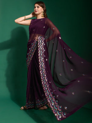 Rajwada Wine Embellished Georgette Saree With Unstitched Blouse For Women