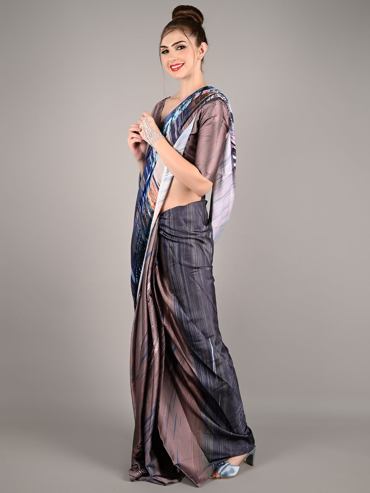 Dark Grey Soft Crepe Digital Print Saree With Unstitched Blouse