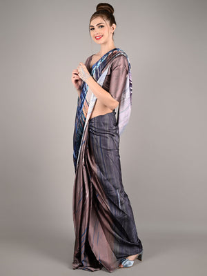Dark Grey Soft Crepe Digital Print Saree With Unstitched Blouse