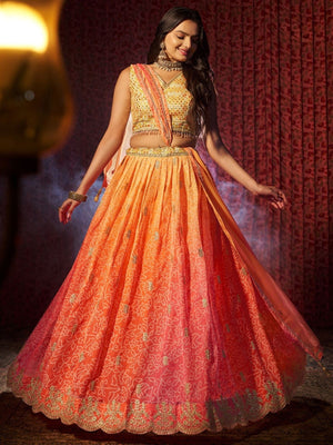 Rajwada Orange Organza Embroidered Semi-Stitched Lehenga For Women