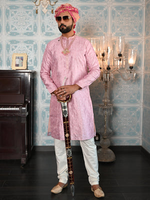 Rajwada Pink Printed Embroidered Cotton Kurta Set For Men