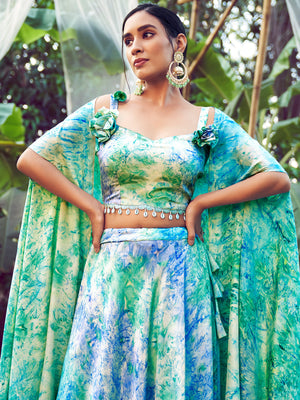 Rajwada - Sea Green and Blue Stitched Lehenga