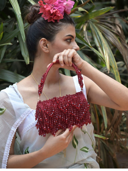 Rajwada Maroon Tassels Embellished Clutch Bag For Women