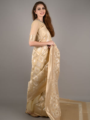 Off White Linen Woven Saree With Unstitched Blouse