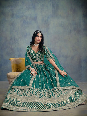 Rajwada Teal Green Art Silk Embellished Semi-Stitched lehenga For Women