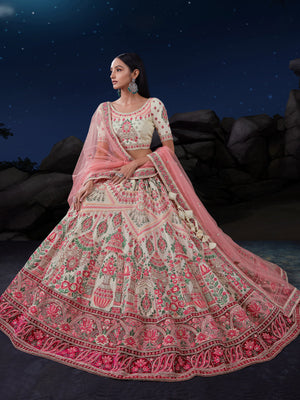 Rajwada Off White And Pink Embroidered Soft Net Semi Stitched Lehenga With Blouse For Women