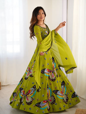 Rajwada Green Georgette Embroidered Semi-Stitched lehenga For Women