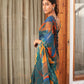 Rajwada Teal Blue Georgette Printed Saree With Unstitched Blouse For Women
