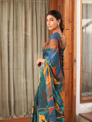Rajwada Teal Blue Georgette Printed Saree With Unstitched Blouse For Women